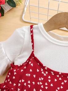 SHEIN Babygirl 可爱波尔卡圆点红色细肩带连衣裙和短袖 T 恤套装，夏季 - 紅白色 - 查看 8