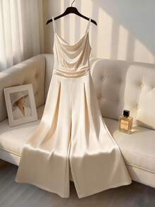 Franclia Bộ trang phục thanh lịch, tinh tế dành cho nữ, thích hợp cho hoạt động ngoài trời/hẹn hò, áo liền quần ống loe, eo rộng, cổ áo đính ngọc trai, eo cao, thích hợp cho mùa xuân/hè. - Màu be - Xem 4