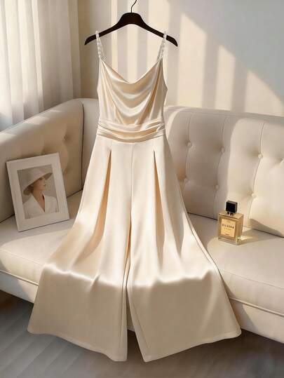 Franclia תלבושת חוץ/דייט אלגנטית ומתוחכמת לנשים, אוברול רחב עם צווארון תליון וצווארון פנינים, מותן רחב, רגל מתרחבת, אביב/קיץ