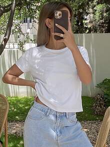 Dazy Tall 高个女款加长袖圆领休闲套头T恤短款上衣 - 白色 - 查看 7