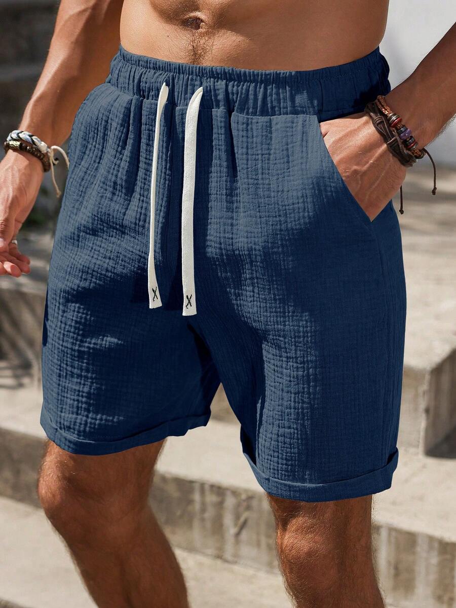 VENTUSAIL Men's Summer Casual Drawstring Waist Textured Pure Cotton Shorts - Navy Blue - View 1
