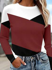 EMERY ROSE Women's Long Sleeve T-Shirt,Burgundy Color Block Patchwork Printed Blouse,Elegant Autumn Casual Everyday Minimalist Style Versatile Comfortable Top - Grey - View 3