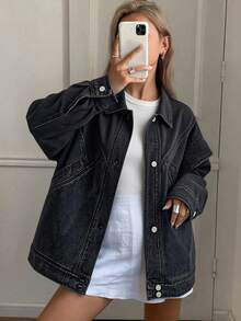 Livesso Women's Casual Denim Jacket With Turndown Collar And Ruffle Trim, Suitable For Spring, Autumn And Winter - Dark Wash - View 6