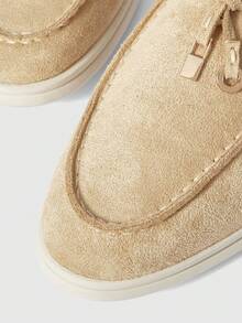 Giày bệt nữ mũi tròn, khâu tay, đa năng, kiểu dáng thời trang hàng ngày, chất liệu da lộn, miệng sâu, có mặt dây chuyền, thích hợp đi làm. - Màu nâu nhạt - Xem 5