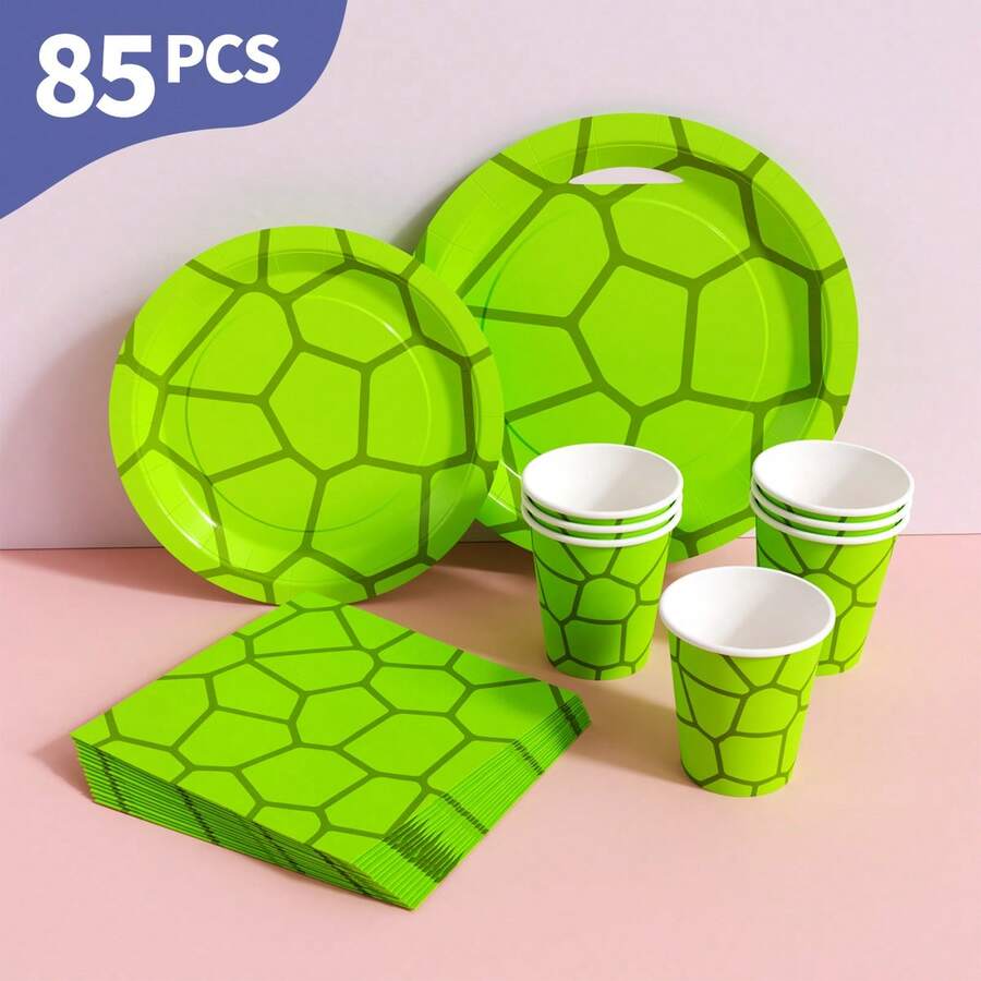 绿色底龟壳图案一次性餐盘、餐巾纸和杯子套装，可供20位客人使用。这款一次性派对用品套装（包括餐盘、餐巾纸和杯子）非常适合生日派对、婚礼和家庭野餐。 - 查看 1