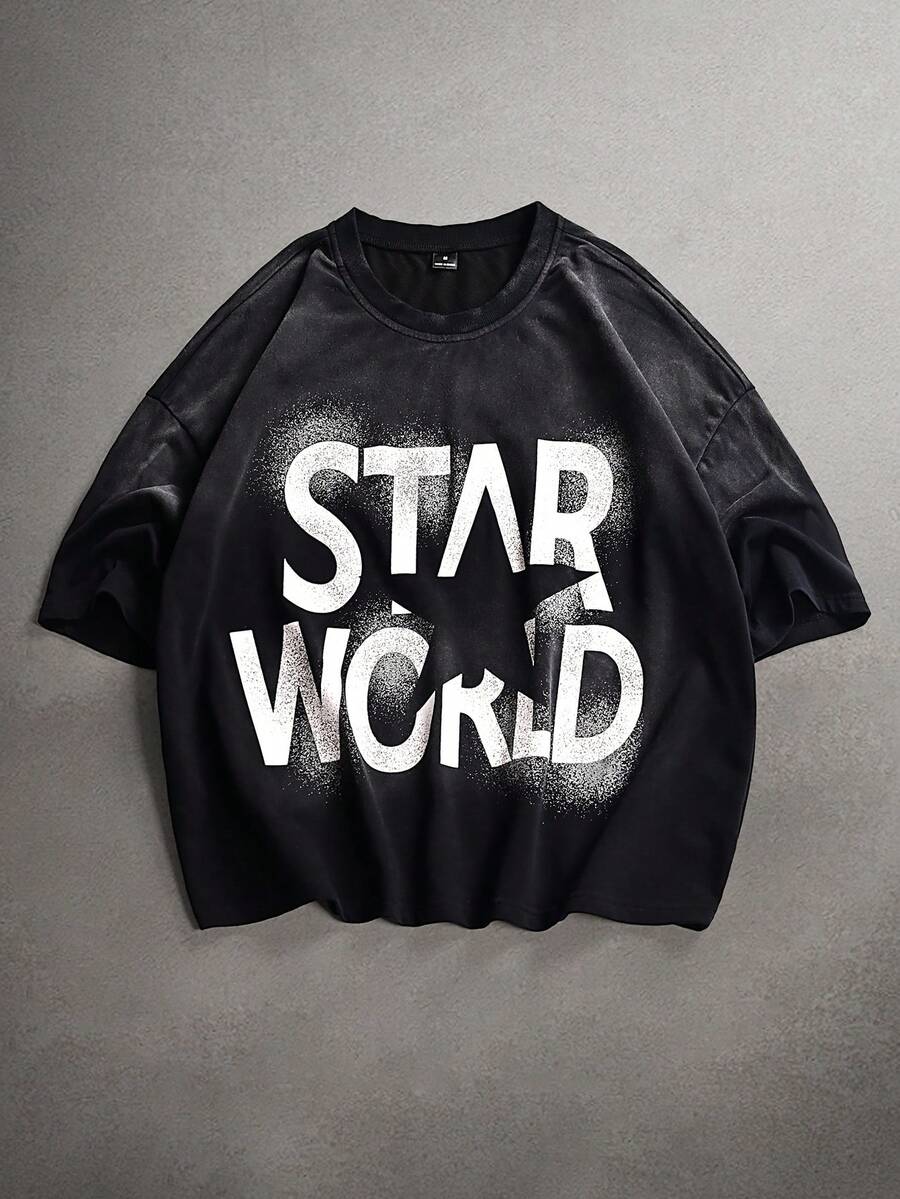 STYNVO 男士标语印花圆领休闲短袖T恤 - 黑色 - 查看 1