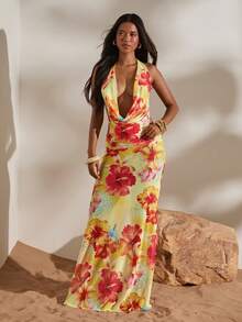 Opulessa 春夏度假针织印花垂褶领连衣裙（女款） - 黃色 - 查看 1