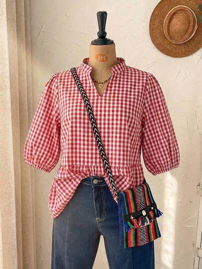 Linhara 大码女式短袖上衣，亚麻质感格纹，前腰褶裥设计，七分袖带松紧袖口，宽松直筒版型，休闲通勤皆宜