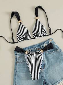 Swim Vcay Women's Spring/Summer Beach Striped Jacquard Fabric Color Block Metallic Accessories Wide Strap Thong Bikini Set - Cute Casual Style - Multicolor - View 5
