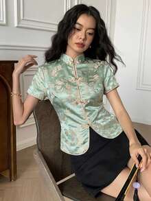 EastFlair 女士短袖上衣，提花圆盘纽扣设计，中国风 - 綠色 - 查看 2
