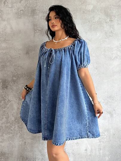 Sunnyshic Plus Size Women Summer Casual Loose Denim Dress