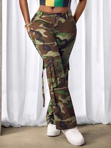 BamGleam Quần jeans ống loe thời trang nữ phong cách đường phố họa tiết rằn ri, túi nắp gập. - Nhiều màu - Xem 3