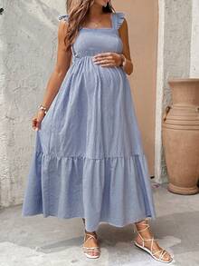 SHEIN Đầm bầu cổ vuông kẻ sọc viền bèo nhún kiểu dáng thường ngày - Màu xanh lam - Xem 6