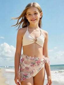 SHEIN 女孩可爱三件套泳衣，带披肩/荷叶边/时尚休闲优雅女士设计，适合游泳、夏季度假、海滩、泳池、节日派对 - 杏色 - 查看 5