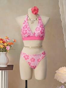 Bellisia 26SS Orange Halter Neck Triangle Bikini Top dengan Rok Senada, Set 3 Potong, Pakaian Pantai/Resort - Berwarna merah muda - View 4