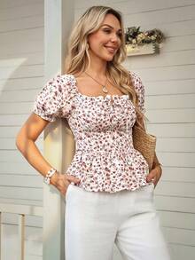 LanaWest 度假休闲碎花花瓣袖衬衫 - 粉色 - 查看 7