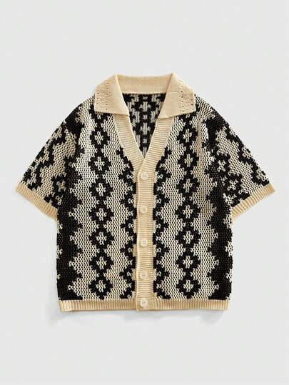 ROMWE MEN Retro Geometric Diamond Hollow Knit Cardigan For Men, Black & White Contrast Collar Niche Design Short Sleeve Top