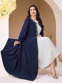 Veilorie 大码女式水钻装饰圆领优雅长袖长袍 - 藏蓝色 - 查看 8