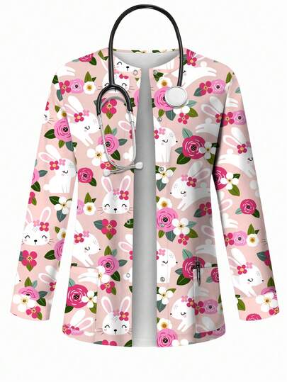 PopScrub Rose Flower & Rabbit Cartoon Print Scrub Jacket, Spring/Summer Fashion Cardigan With Hanging Ear Design For Women Nurse Scrub Uniform, Suitable For Rabbit Lovers And Easter Outfits