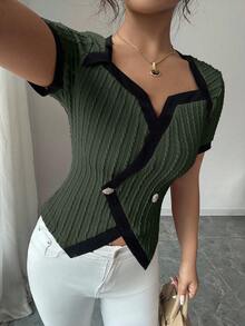 Elenzga Women's Retro Colorblock Asymmetrical Design Short Sleeve T-Shirt - Green - View 4