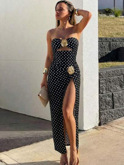 Bonvoyette Conjunto de 2 piezas de traje de baño de una sola pieza con falda larga, cintura ceñida, decoración de anillo de metal y estampado de lunares blanco y negro para vacaciones de verano de mujer 2026