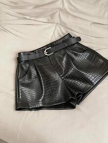 Airaco Women's New Fashion Casual PU Leather Crocodile Pattern A-Line Shorts, Spring/Summer - Black - View 4