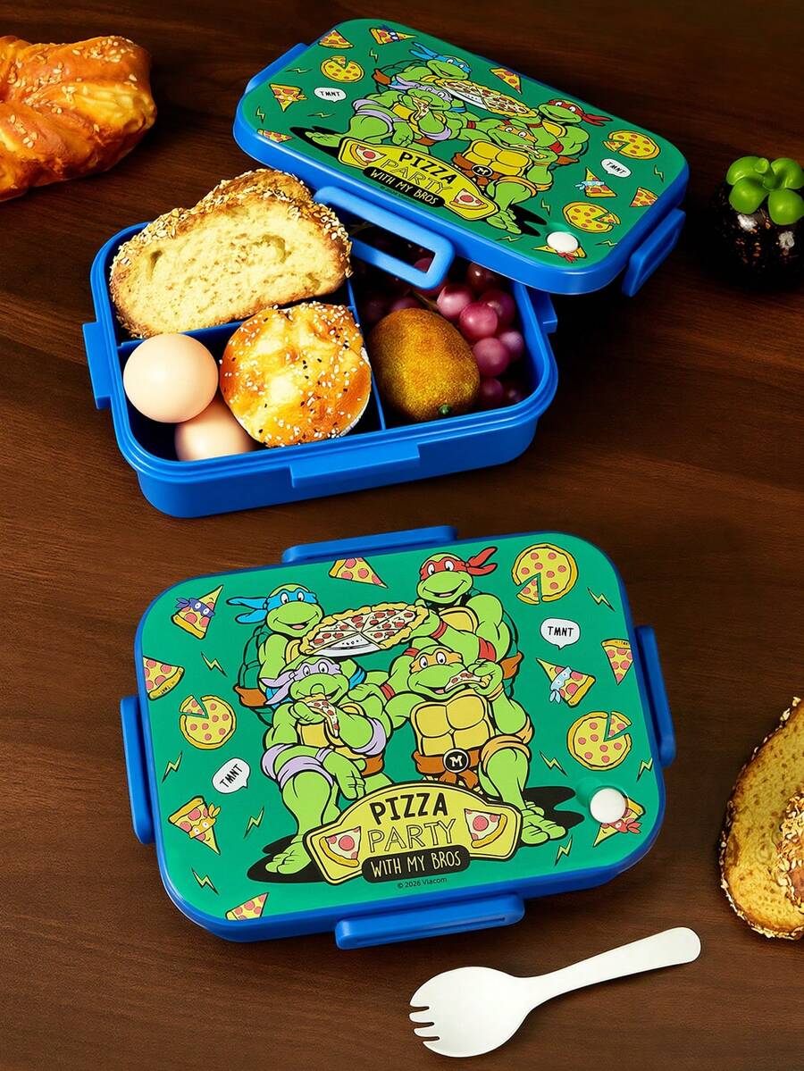 TEENAGE MUTANT NINJA TURTLES | SHEIN 1100ml Cartoon Pattern Leak-Proof Three-Grid Bento Box, Durable And Anti-Drop, With Tableware And Forks, A Must For School - Multicolor - View 1