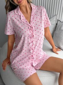 SHEIN Bow Detailed Short Sleeve Casual 2 Pieces Pajama Set With Bow Pattern And Shorts - Yellow - View 5