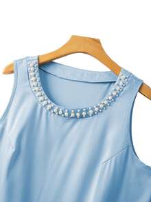 GlowEve CURVE Plus Size Fashionable Casual French Romantic Retro Elegant Commuting Faux Pearl Decor Vest - Blue - View 3