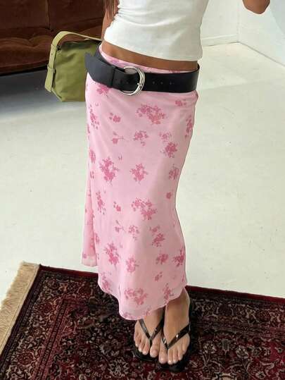  SHEIN MainGRL Spring/Summer Pastoral Resort Pink Tie-Dye Print Mesh Mid-Waist Mermaid Fit Top, Perfect For Vacations, Romance, And Dates.