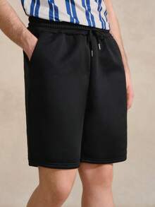 Men Drawstring Waist Slant Pocket Tennis Sports Shorts, Solid Black, Summer, Basic - Black - View 3