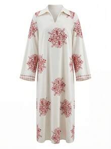 Modelyn Women's Woven Printed Loose Stand Collar Dress Modest Dress French Style Dress Long Sleeve Summer Dresses Prayer Dress Cottagecore Dress - Red - View 9