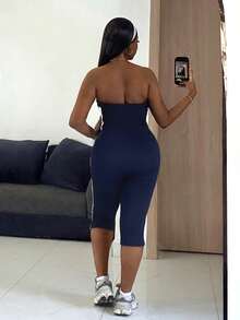 Slaydiva 早春新款，春夏音乐节，情人节，复活节休闲风，简约基础款，Y2K街头甜美风，网红热销款，日常约会，辣妹风，性感运动风，返校季，无肩带标语，英文印花短款背心+七寸裤脚，开衩紧身裤，侧边撞色编织带装饰，深蓝色套装，女士两件套 -A - 藏蓝色 - 查看 8