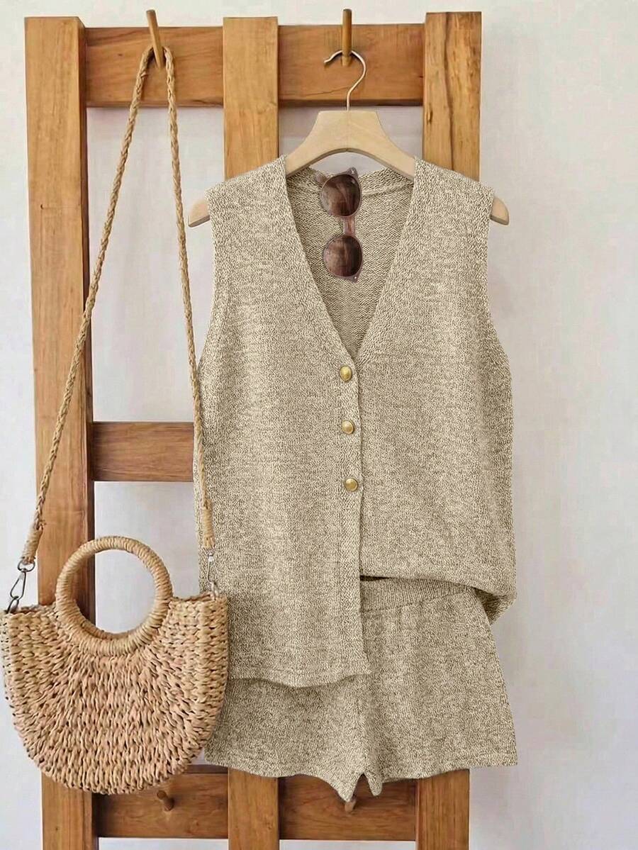 GlowEve Women's Casual Button Front V-Neck Sweater Vest And Shorts 2-Piece Set - Camel - View 1