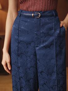 Anewsta Pantalones rectos elegantes para mujer, pantalones rectos de jacquard rojo minimalista para ir al trabajo - Azul Marino - Ver 5