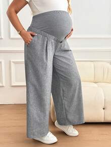 Plussiva 大码孕妇纯色可调节腰围阔腿裤 - 深灰色 - 查看 3