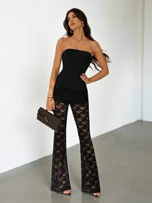 SHEIN Tall Women's Sexy & Elegant Black Lace 2-Piece Set, Includes Thick Ribbed Bandeau Top And Lace Flare Pants, High Elasticity Fabric Contouring Body, Suitable For Dates, Gatherings, Parties, Clubs, Nightlife Mesh Two Pieces Set Black Lace - Black - View 7