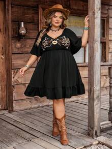SHEIN CURVE+ Đầm nữ dáng ôm US22, kiểu Bohemian, cổ vuông, tay bồng, thêu họa tiết, thích hợp cho kỳ nghỉ biển và lễ hội âm nhạc. - màu đen - Xem 7