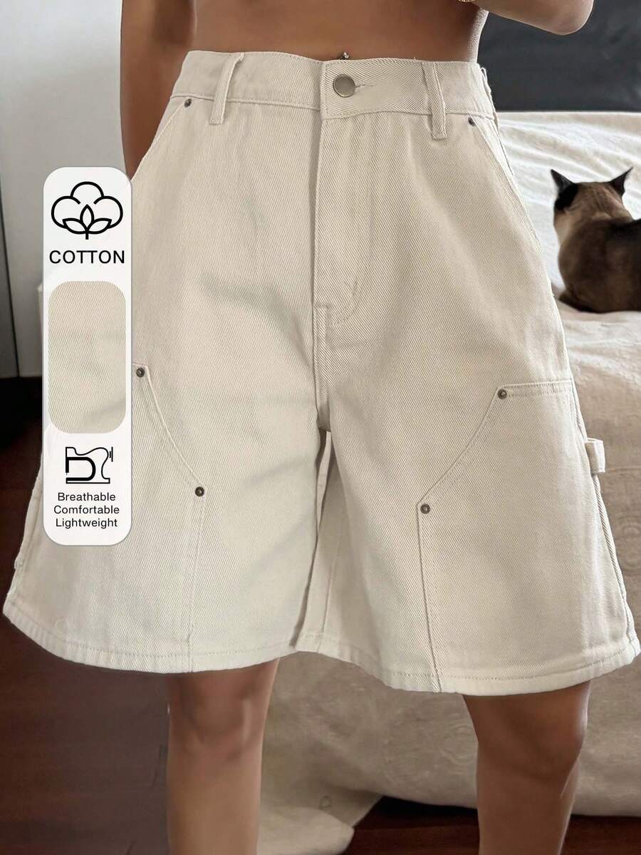 Livesso Quần short denim nữ kiểu dáng thường ngày với túi lớn (Jorts) - Màu Khaki - Xem 1