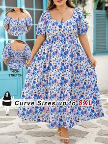 SHEIN CURVE+ Curve US22 Women's Blue Ditsy Floral Maxi Dress,Boho White Flowy Tea Party Summer Holiday,Heart-Shaped Neckline Ruffle Hem Seaside Vacation Dresses - Blue - View 9