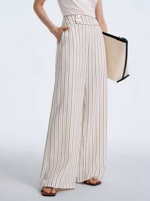 Aalyst Women Chic Black And White Striped Straight Leg Pants,Summer Vacation Holiday Casual Elegant Shell Button Waist Fitted Trousers With Pockets,Apricot - Apricot - View 5