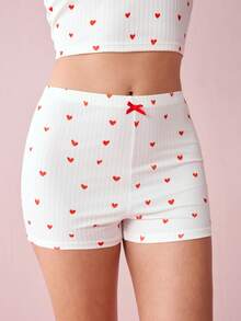 SHEIN Heart Print Bow Front PJ Set / Pajama Set White Set - White - View 9