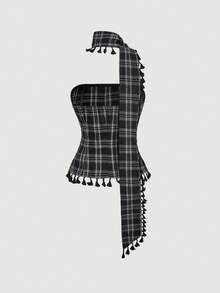 SHEIN MOD 黑白格子流苏装饰系带多功能女式上衣 – 70年代复古风、西部风、波西米亚风、游牧风，适合约会、派对、春夏女装、春假、舞会礼服、约会之夜、度假、野餐、节日、生日装扮 - 黑與白 - 查看 5