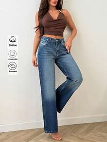 100% Cotton Low Waist Dry Process Wash Detailed Wideleg Jean - Medium Wash - View 3