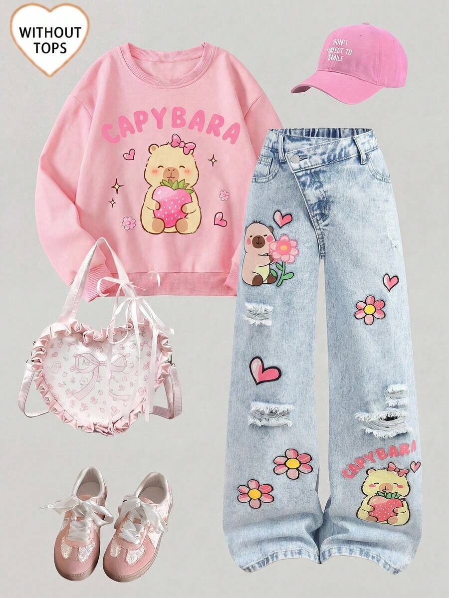 SHEIN Jeans de mezclilla con estampado de dibujos animados de capibara asimétrico con botones en la cintura, lavado claro, estilo casual para niña preadolescente, moda linda y dulce para uso diario, escuela, fines de semana, temporada de regreso a clases, vacaciones. Pantalones cargo rectos de mezclilla lavada de ajuste relajado y bolsillos múltiples, color azul claro, para primavera, verano, regreso a clases, homecoming, vacaciones de verano, primavera, playa, vacaciones, Día de San Valentín, graduación. - Lavado ligero - Ver 1