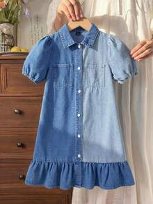 LMoss Kids 女童宽松双色牛仔泡泡袖连衣裙 - 彩色 - 查看 3