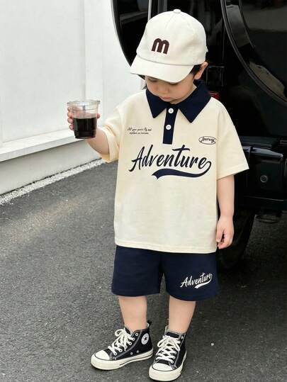 SHEIN 2pcs/Set Toddler Boys' Casual Contrast Color Short Sleeve Polo Shirt And Shorts Set, Spring/Summer Baby Boy Clothes, Outfits
