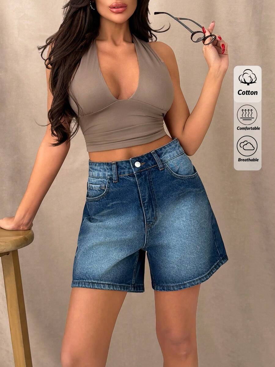 Quần short denim cạp cao, màu xanh nhạt, kiểu dáng thường ngày, cài cúc phía trước. - Rửa trung bình - Xem 1