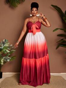 Maweii 大码女士性感度假吊带拼接A字渐变色优雅连衣裙 - 彩色 - 查看 1