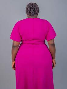 CurvyTilda Plus Size Solid Color Round Neck Short Sleeve Twist Summer Dress - Red Violet - View 5